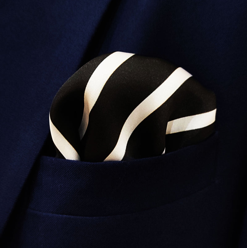 Black with White Stripes - Silk Mens Pocket Squares