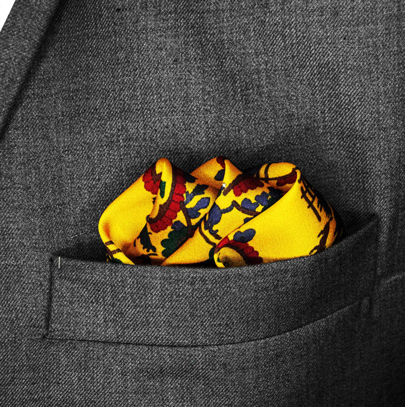 Paisley and Floral Mustard - Silk Pocket Square