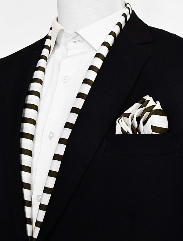 White & Green Stripes Silk Scarf & Pocket Square Set