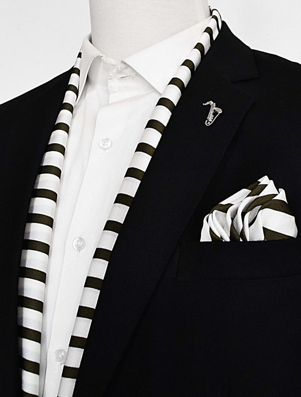 White & Green Stripes Silk Scarf Set