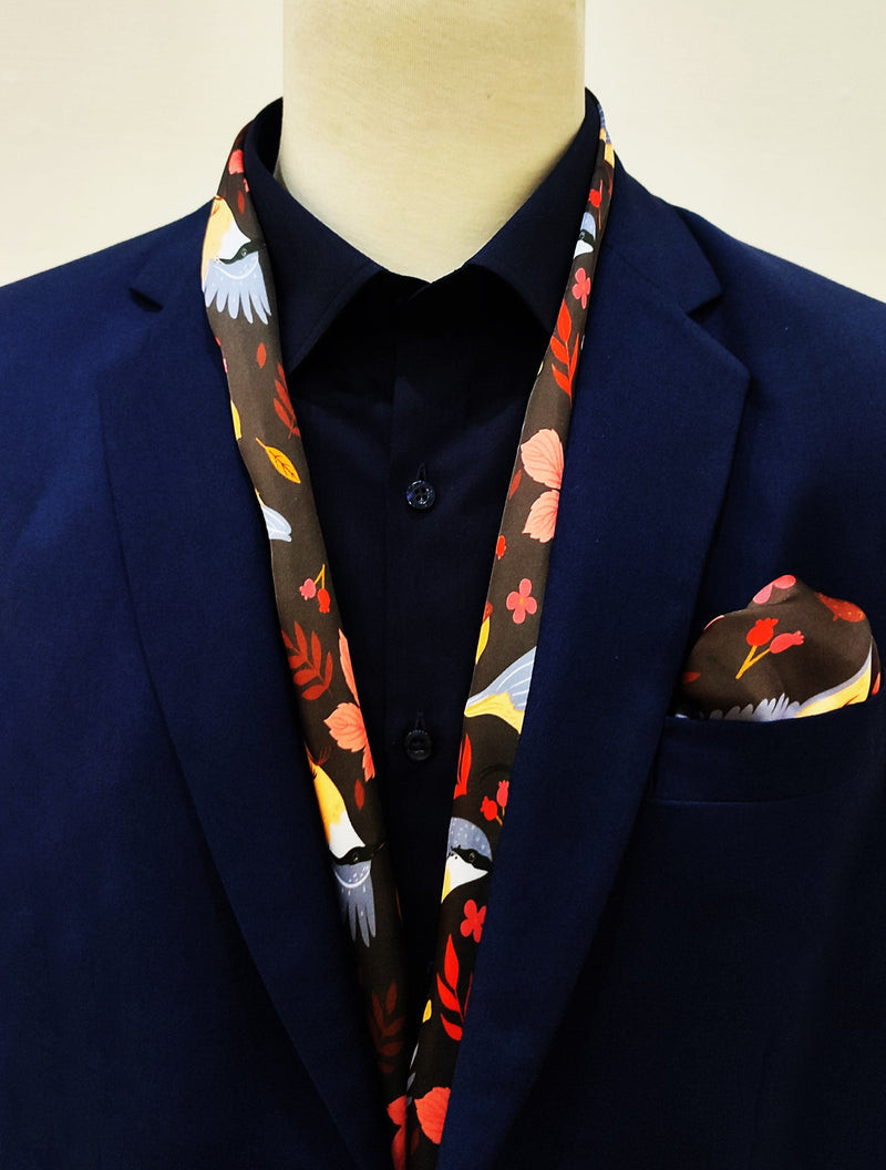 WINTER BIRDS AND AUTUMN LEAVES - SILK SCARf and pocket square set