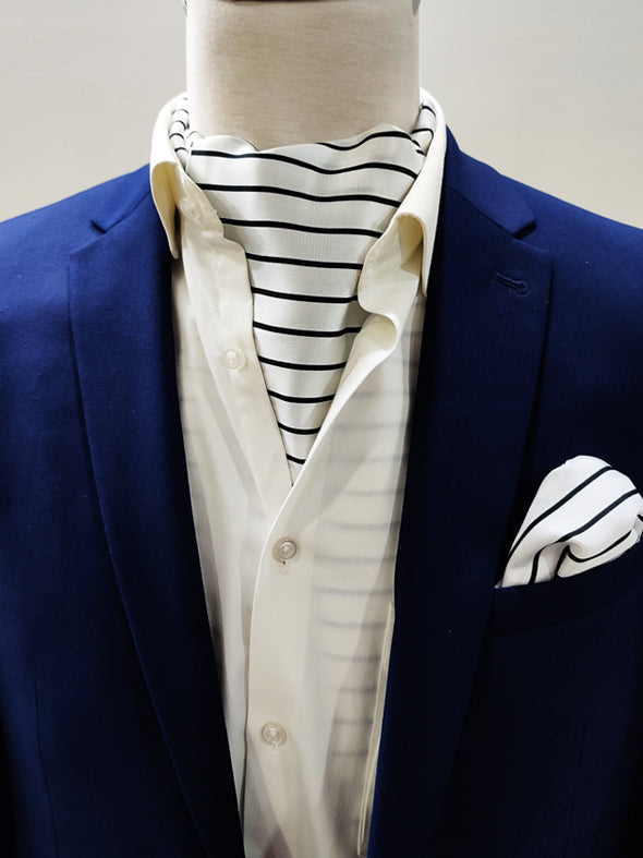 SLEEK BLACK & WHITE STRIPES SILK ASCOT And Pocket Square Set