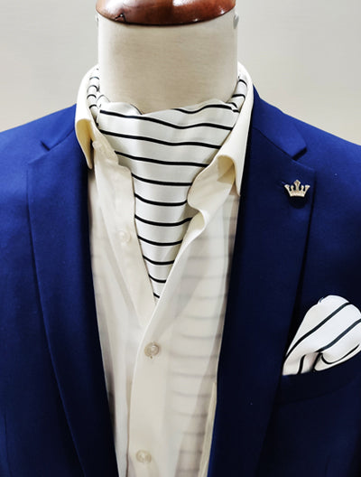 SLEEK BLACK & WHITE STRIPES SILK ASCOT Set