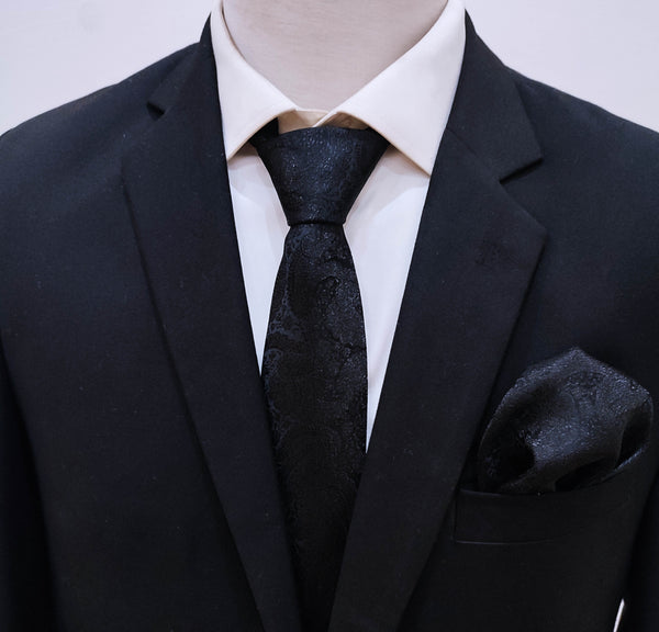 BLACK PAISLEY SELF TIE & Pocket square set