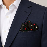 Abstract Horse pocket square — navy jacket · alternate fold.