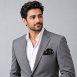 Abstract Horse pocket square — model · light grey and open collar.