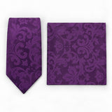 Amethyst Scroll Damask silk tie and matching pocket square — Polished folded pair