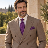 Amethyst Scroll Damask silk tie and matching pocket square — Dark beige · terrace tailoring