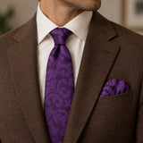 Amethyst Scroll Damask silk tie and matching pocket square — Tobacco brown · notch lapel