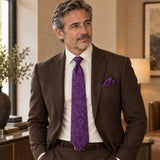 Amethyst Scroll Damask silk tie and matching pocket square — Deep brown · relaxed portrait