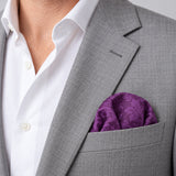 Amethyst Scroll Damask Silk Pocket Square — light jacket · rounded puff.