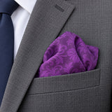 Amethyst Scroll Damask Silk Pocket Square — close-up wearing detail.