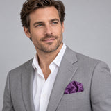 Amethyst Scroll Damask Silk Pocket Square — model · light grey and open collar.