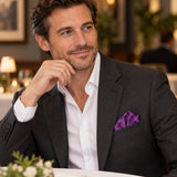 Amethyst Scroll Damask Silk Pocket Square — restaurant lifestyle.