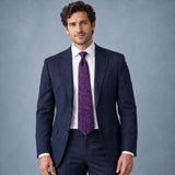Amethyst Scroll Damask Silk Tie — Navy suit portrait