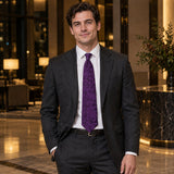 Amethyst Scroll Damask Silk Tie — Charcoal suit evening