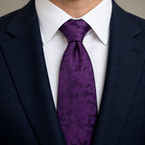 Amethyst Scroll Damask Silk Tie — Knot and lapel close-up