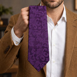 Amethyst Scroll Damask Silk Tie — Handheld tie blade detail