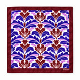 Antique Abstract pocket square with purple, lavender and burgundy acanthus print on white — full flat product.
