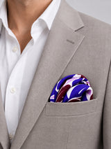 Antique Abstract pocket square with purple, lavender and burgundy acanthus print on white — light jacket · rounded puff.