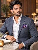 Antique Abstract pocket square with purple, lavender and burgundy acanthus print on white — restaurant lifestyle.
