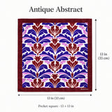 Antique Abstract pocket square with purple, lavender and burgundy acanthus print on white — size guide · 13 × 13 in.