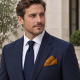 Antique Gold Scroll Damask Silk Pocket Square — Formal model · navy and tie