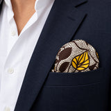 Autumn to Remember pocket square — navy jacket · wearing detail.