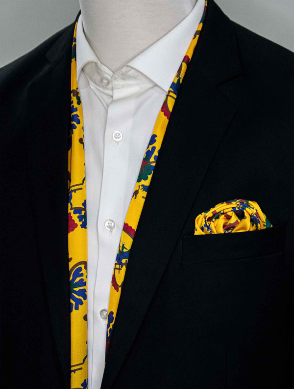 Mustard Paisley And Floral - Silk Scarf And Pocket Square Set