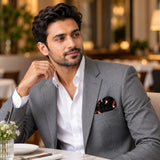 Black Dalmatian pocket square — restaurant lifestyle.