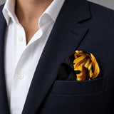 Black & Gold Chain Pattern pocket square — navy jacket · wearing detail.