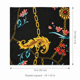 Black & Gold Chain Pattern pocket square — size guide.
