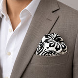 BLACK & WHITE TURKISH FLORAL SILK POCKET SQUARES pocket square — light jacket · wearing detail.