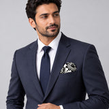 BLACK & WHITE TURKISH FLORAL SILK POCKET SQUARES pocket square — formal model · navy and tie.