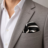 Black with White Stripes pocket square — light jacket · wearing detail.