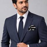 Black with White Stripes pocket square — formal model · navy and tie.