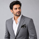 Black with White Stripes pocket square — model · light grey and open collar.