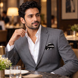Black with White Stripes pocket square — restaurant lifestyle.