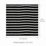 Black with White Stripes pocket square — size guide.