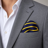 Blue and Gold Stripes pocket square — light jacket · wearing detail.