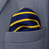 Blue and Gold Stripes pocket square — close-up wearing detail.