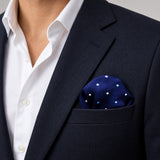 BLUE MULTI DOTTED SIlk Pocket Square pocket square — navy jacket · wearing detail.