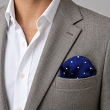 BLUE MULTI DOTTED SIlk Pocket Square pocket square — light jacket · wearing detail.