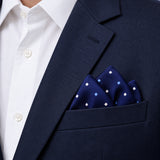 BLUE MULTI DOTTED SIlk Pocket Square pocket square — navy jacket · alternate fold.