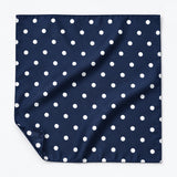 Blue Polka Drops pocket square — unfolded studio detail.