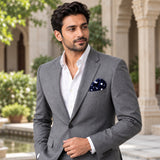 Blue Polka Drops pocket square — outdoor lifestyle.