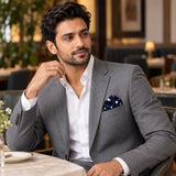 Blue Polka Drops pocket square — restaurant lifestyle.