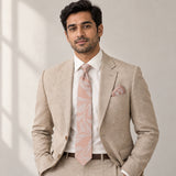 Blush Laurel Leaf silk tie and matching pocket square — Light beige · studio portrait