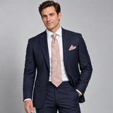 Blush Laurel Leaf Silk Tie and Pocket Square Set — Navy suit portrait