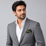 Chain Loop Green pocket square — model · light grey and open collar.